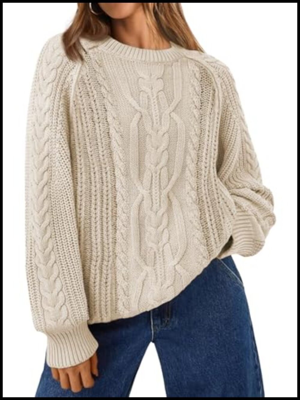 Chunky Cable Knit Crewneck Sweater Long Sleeve Loose Fit Pullover
